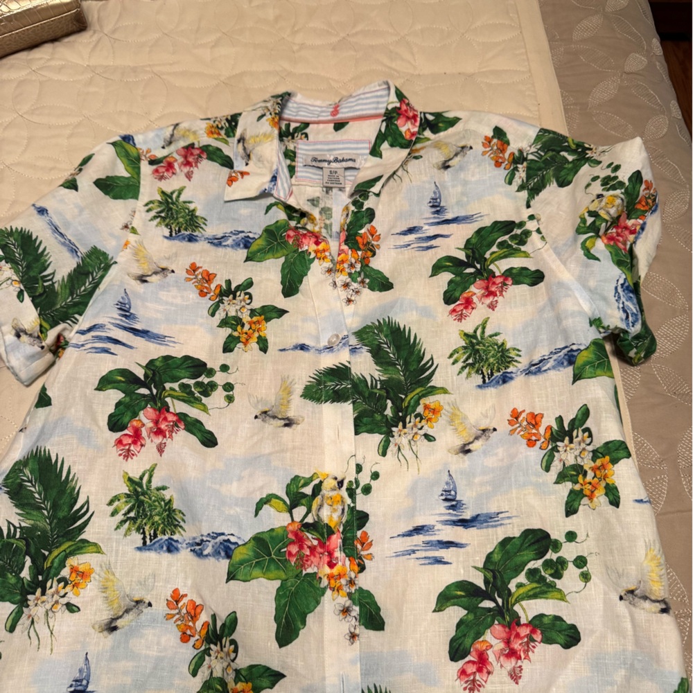Tommy Bahama White Floral Camp Shirt with Green Leaves